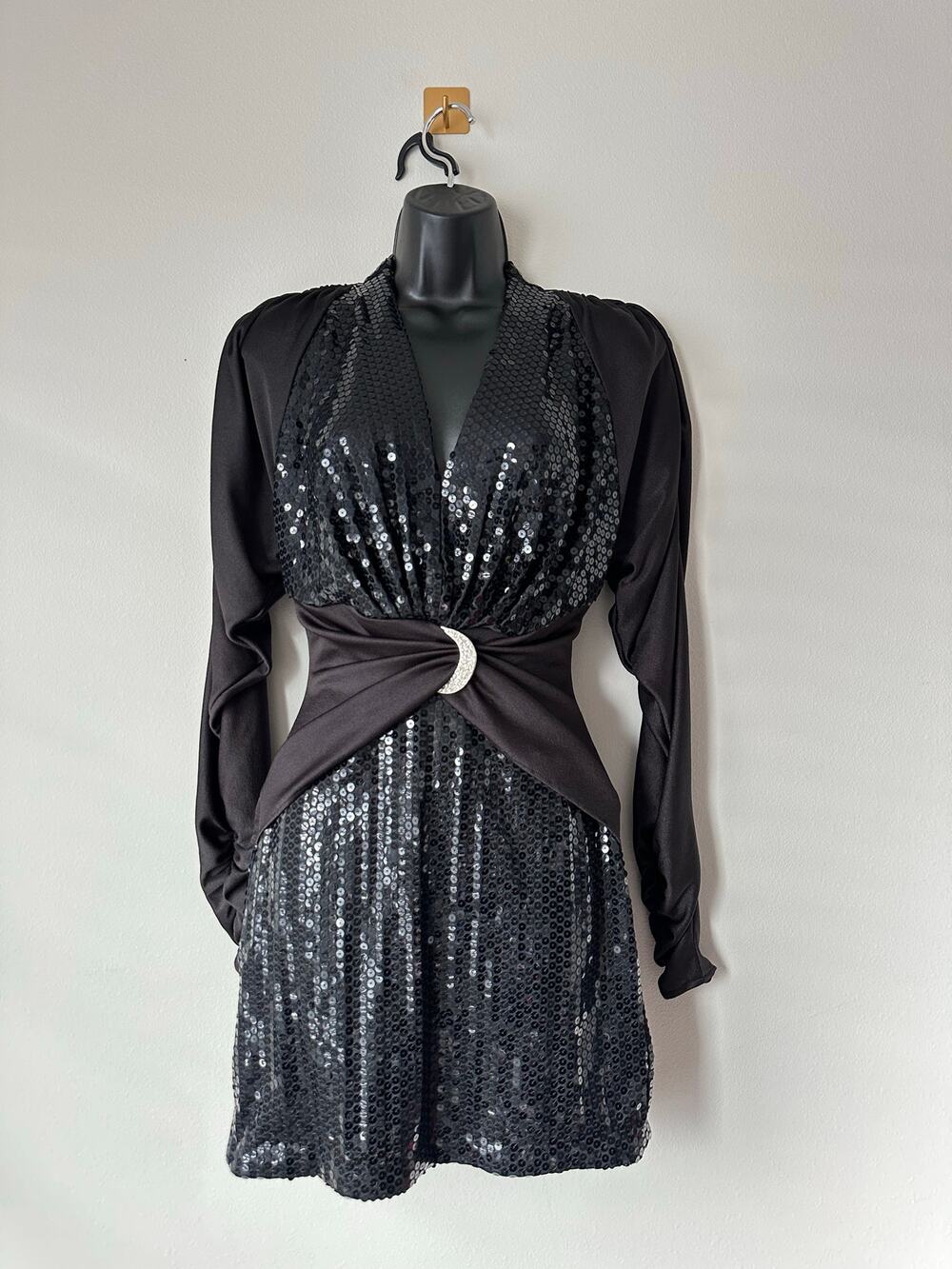 Vintage 80s Black Sequin Mini Dress Long Sleeve Open Back Crescent Moon Size 9